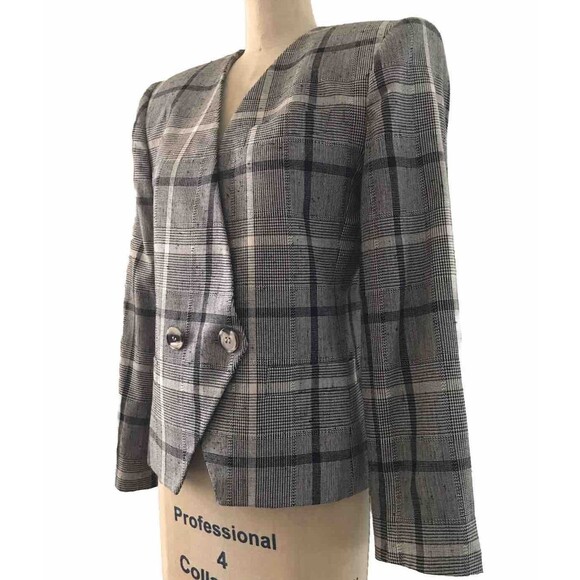 Vintage Stirling Cooper Neutral Beige Plaid Cropped Academia Blazer Jacket - 2 - Picture 3 of 9